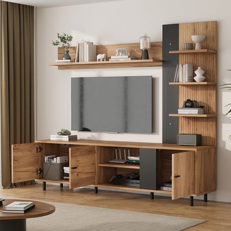 Meuble mural TV 187,5x40x167 cm avec vitrine, rangement salon modulable : 3 armoires, étagères ouvertes, adaptable aux écrans jusqu'à 80 pouces, finition bois et noir. (1/5)
