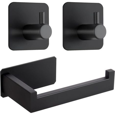 Portarotolo di carta igienica autoadesivo in acciaio inox con 2 ganci per asciugamani, ideale per bagno e cucina, non richiede foratura (nero)