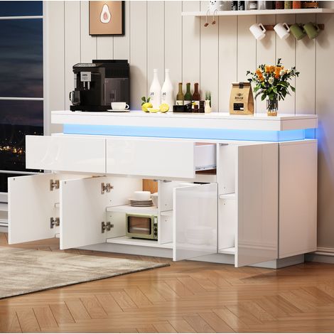 Aparador de salón (140x35x72.5 cm), con 2 cajones, 4 puertas, estantes regulables, luz LED, tablero de aglomerado, blanco (1/5)