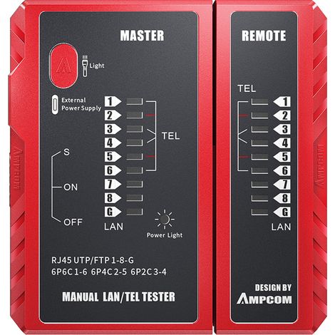 (Rouge) Testeur de câbles réseau, outil de réparation de réseau Ethernet, adapté aux câbles RJ45, RJ11, RJ12, CAT5, CAT6, CAT7, CAT8 et LAN. (1/5)