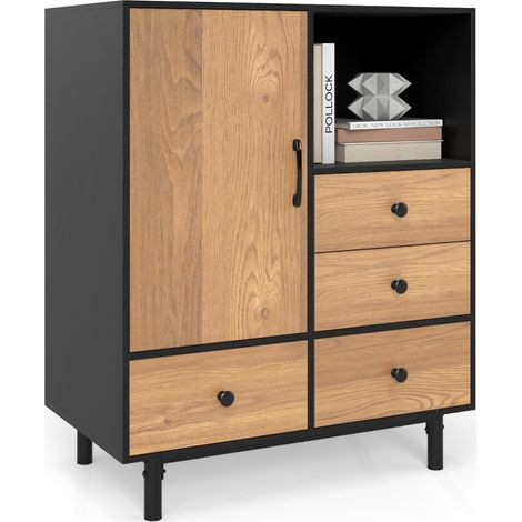 Credenza Mobile contenitore moderno metà secolo con 4 cassetti e scomparto aperto, Buffet sideboard in metallo robuste per soggiorno Naturale (1/4)