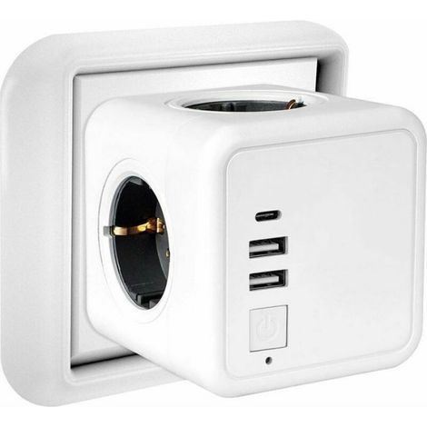 Multiprise murale cube - 4 prises secteur - 3 ports USB - Port USB type C - Puissance maximale 3680 W (1/4)