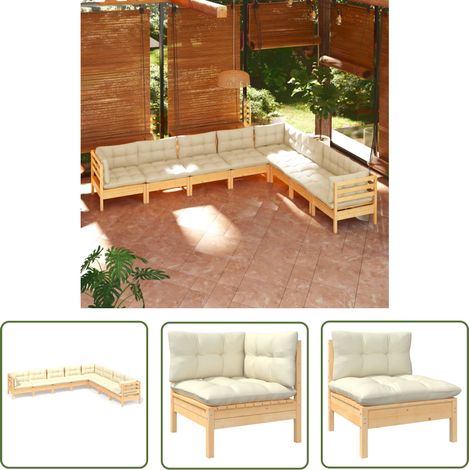 The Living Store 8-tlg. Garten-Lounge-Set mit Creme Kissen Massivholz Kiefer - Gartengarnitur - Lounge Set - Gartenmöbel - Outdoor Möbel - Rattan Gartenmöbel (1/5)