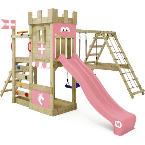Wickey – Aire de jeu en bois style château avec balançoire et toboggan 220 cm – Module d’escalade et bac à sable – Résistant aux intempéries