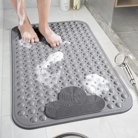 Duschmatte/Badematte – Rutschfest mit Saugnäpfen und Abflussloch – Angenehme Massage fürs Badezimmer – Grau – 106 x 66 cm