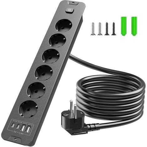 Unterputz-Steckdosenleiste, 6 Steckdosen, Schalter, 20-W-USB-C-PD-Anschlüsse, 2 m Kabel, für Küche und Büro (1/5)