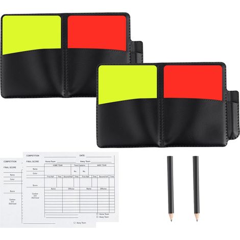 2 Ensembles Jeu Cartes d'Arbitre Football, 4pcs Cartons d'Avertissement Rouges Jaunes Arbitres avec Étui Cuir Papiers d'Enregistrement Crayon Volley-Ball Baseball Rugby Kit Entraîneurs