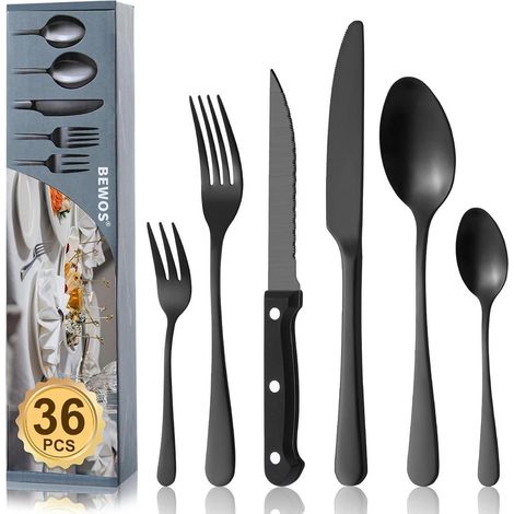 Besteck 36teilig Edelstahl Messer Gabel Löffel Schwarz 36 Stück (1/5)