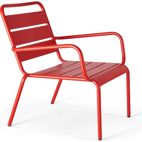 Oviala – Fauteuil de jardin bas relax en acier thermolaqué rouge – Assise profonde et dossier incliné – Patins anti-dérapants – Entretien facile (1/5)