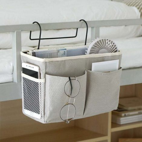 Nachttisch-Organizer-Tasche (1 Stück), Hängender Bett-Organizer, Wasserdichter Betttaschen-Organizer für Studentenwohnheim, Bett, Sofa, Zeitschriften, Brille, Bücher, Handy, Notizbücher, Grau (1/5)