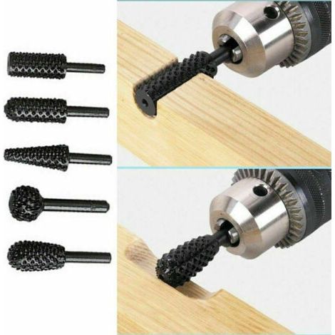 1/4 6mm Rotary Burr Set Power Tools Wood Grinding Carving Rasp Drill Bits Rotary Drill Bits Shank Bit Set for Carpentry Kit Pack of 5(Black) (1/4)