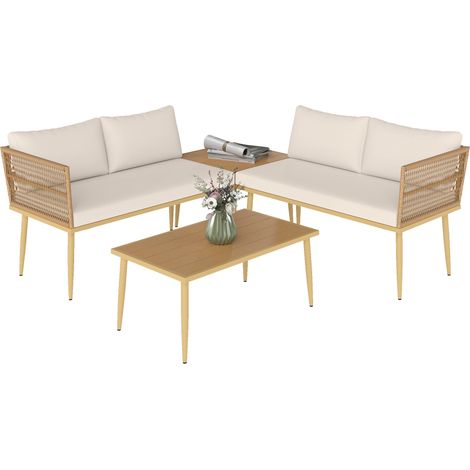 Ensemble de salon de jardin en rotin PE avec 2 canapés deux places avec coussins et 2 tables basses, couleur bois (1/5)