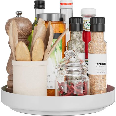 Lazy Susan Organiseur à épices rotatif à 360 ° Plateau en métal, organisateur 28 cm pour garde-manger, cuisine, meuble de salle de bain, table, blanc (1/5)