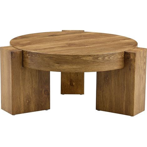 Set de tables basses rondes avec plateau MDF effet bois et verre trempé teinté brun (1/5)