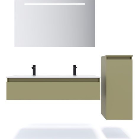 Meuble de salle de bain suspendu double vasque intégrée 120cm 1 tiroir Vert olive + miroir + colonne ouverture droite - Hudson (1/5)