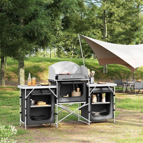 WOLTU Cucina da Campeggio Pieghevole con Ripiani, Piano di Lavoro in Alluminio e MDF, Grigio scuro (1/5)