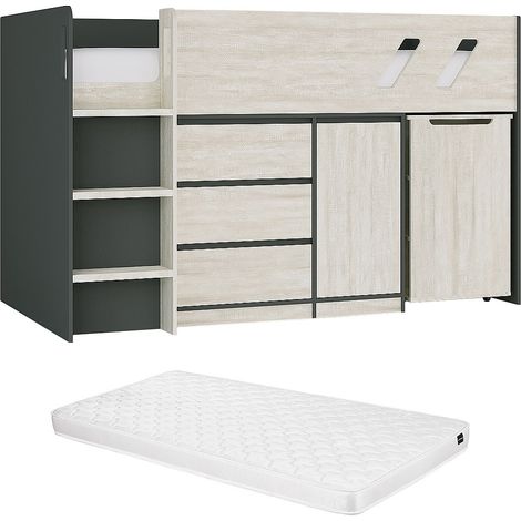 Letto combinato 90 x 190 cm con scrivania e scomparti Antracite e Naturale Grigio + Materasso - SAGITI