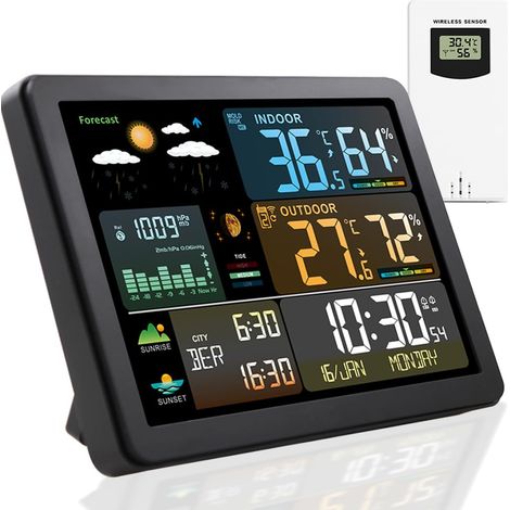 Stazione meteorologica wireless, termometro per interni/esterni, termometro digitale a colori con fasi lunari, pressione barometrica, umidità, previsioni del tempo e retroilluminazione automatica (ner