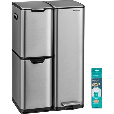 Poubelle Cuisine, Tri Sélectif, 3 Bacs, 60L, Acier (1/5)
