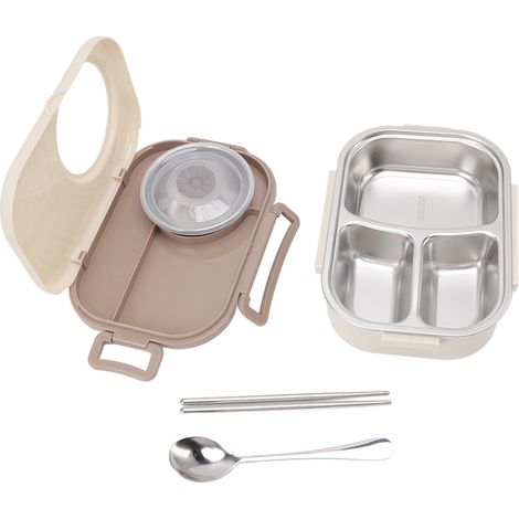 Boîte à bento 1450 ml en acier inoxydable, compartiments isothermes, double paroi, beige, idéale pour les étudiants. (1/5)