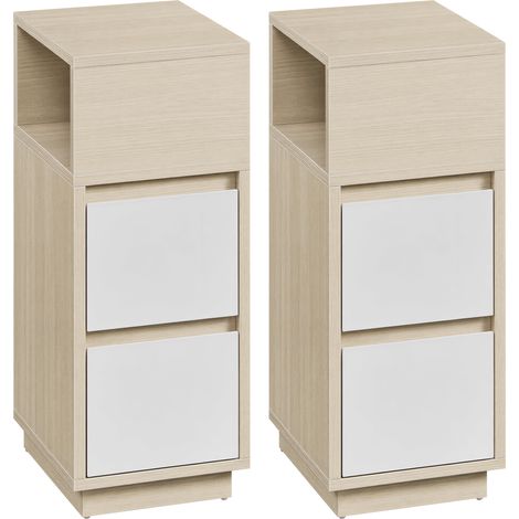 Table de Chevet Étroite, Lot de 2, Montage à Gauche ou à Droite, avec 2 Tiroirs, Compartiment Ouvert, Beige et Blanc (1/5)