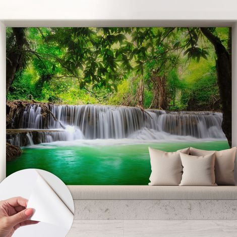 Papier peint adhésif autocollant pour salon chambre à coucher tendance et originale Cascade forestière 208x146 cm (1/5)