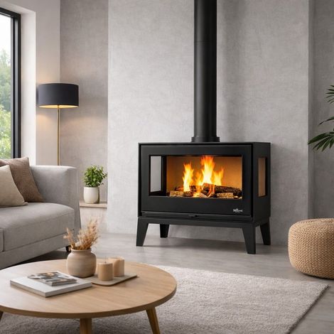 Poêle à bois 3 vitres ventilé sur pieds - BRONPI Bimba 70 3C 10 kW  Avec kit air