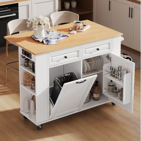 Mueble de cocina isla móvil con ruedas, tablero extensible con enchufes, blanco y natural DESVIAE (1/5)