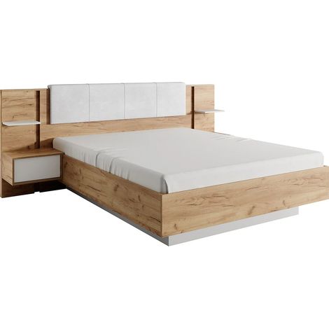 Vente-Unique – Lit coffre 160 x 200 cm avec 2 tiroirs – Éclairage LED blanc – Coloris naturel et blanc – Tête de lit en velours