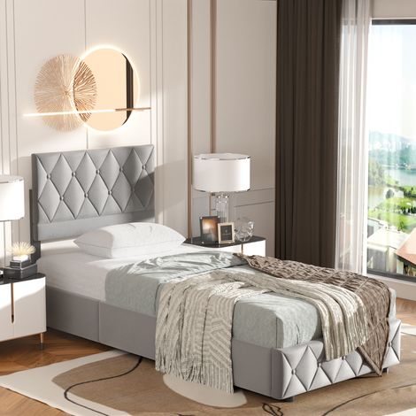 Bett 90x200 cm Gepolstert Samt Grau, Zeitloses Modernes Design, Stabile Struktur mit Holzlatten, Kapazität 250 kg - Optimaler Komfort (1/5)