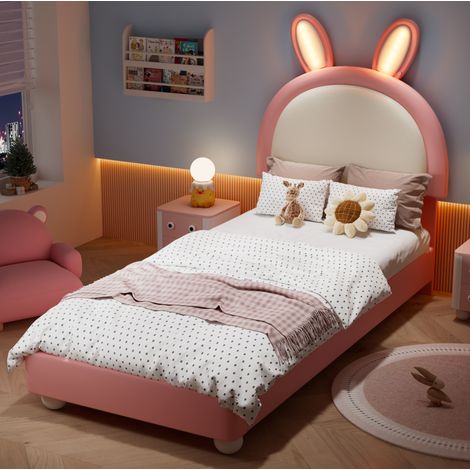 Lit enfant 90x200 cm avec tête de lit forme lapin et LED, bord anti-collision, en tissu rose et blanc, sans matelas (1/5)