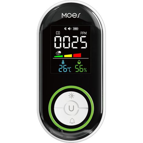 Détecteur Monoxyde Carbone Écran LED 4-en-1 CO Fumée Température Humidité Alarme Portable Batterie Secours 1000mAh (1/5)