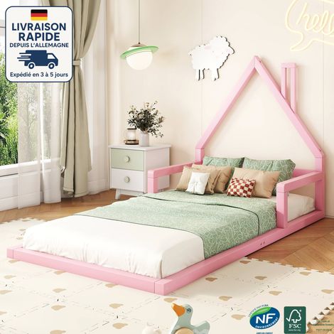 Cama infantil 140x200cm - Cama infantil de metal con somier, estantes y escalera de almacenaje con pequeño armario - Color negro (1/5)