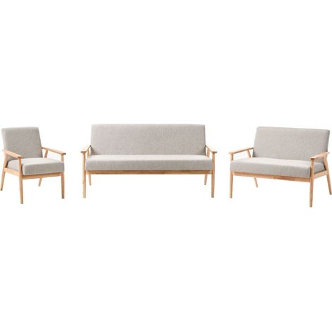 Living Room Set Grey and Light Brown Polyester Fabric Upholstery Retro Design Wooden Frame Armrests Living Room ESRUM