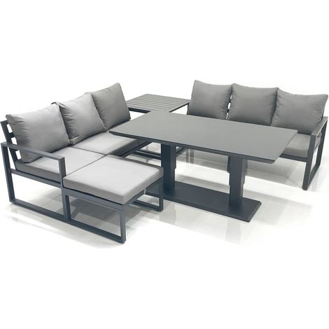 Fimous 7 Seater Aluminium Outdoor Garden Furniture Set with Adjustable Rising Lifting Dining Table 3 Seater Sofa Big Footstool Side Table Dark Grey (1/5)