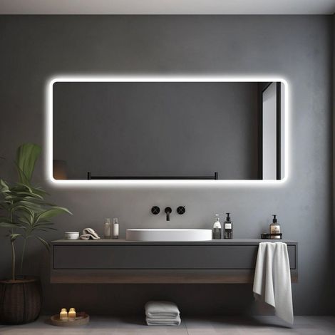 Saniclass Lumen Miroir de salle de bains - 160x70cm - avec coins arrondis - installation horizontale / verticale - éclairage LED indirect - chauffage (1/4)