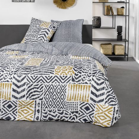 Parure de lit double "Sunshine" en coton réversible à motif ethnique - Noir/Blanc - 240 x 260 cm - Livraison gratuite (1/2)
