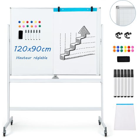COSTWAY Tableau Blanc Mobile Magnétique, Double Face Quadrillé, 120x90cm, Tableau Réversible Effaçable à Sec, 2 Hauteurs Réglables, 12 Aimants, 6 Stylos, pour École, Maison, Bureau (Blanc) (1/5)
