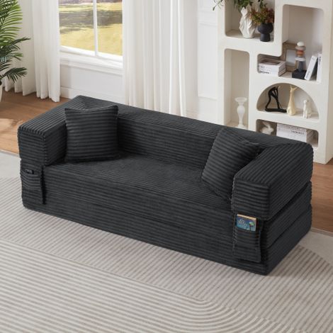 Sofá cama gris oscuro de espuma con revestimiento de pana y diseño cuadrado clásico, 200x76x62 cm (1/5)