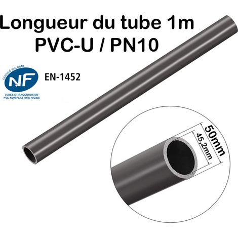 Tube d'évacuation PVC 50mm – Longueur 1m – Épaisseur 2,4mm – Norme NF EN-1452 – Pour systèmes de plomberie et irrigation