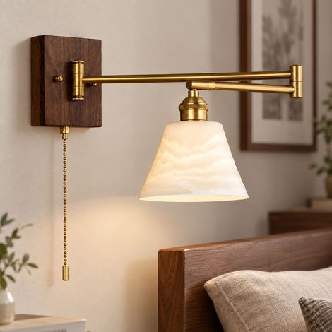 Lámpara de pared ajustable de estilo vintage americano con cabezal ajustable de nogal negro y brazo plegable (bombilla no incluida). (1/4)