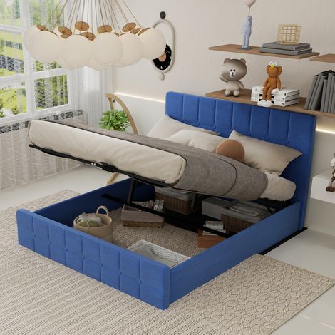 Lit rembourré en velours doux avec tête de lit, tissu velours bleu, design de chambre moderne, espace de rangement, convient pour un matelas de 160 × 200 cm. (1/5)
