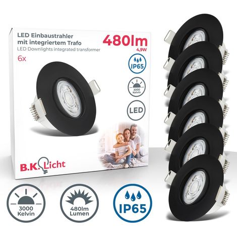 Einbaustrahler 68mm 6er Set - 230V, 4,9W, 480lm, LED, IP65, warmweiß, schwarz