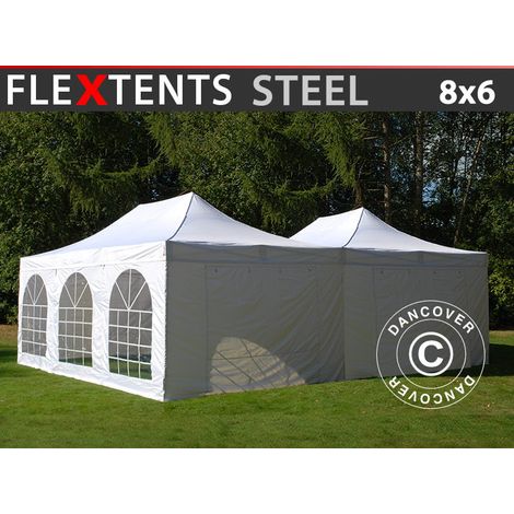 Pop up gazebo FleXtents Steel 8x6 m White, incl. 8 sidewalls