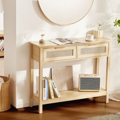 Rattan-Konsolentisch mit 2 Schubladen, Rattan-Eingangstisch mit natürlicher Rattan-Schiebetür, Konsolen-Sofatisch für Wohnzimmer, Arbeitszimmer, Eingangsbereich oder Fernsehwand, Natur (1/5)