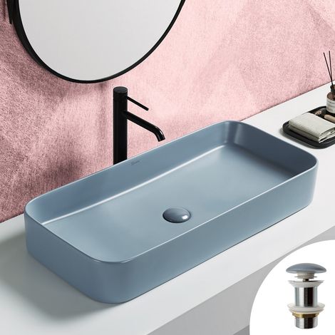 Vasque 80x37cm à poser rectangulaire en céramique bleu cendré mat + bonde pop-up incluse collection LUPIA