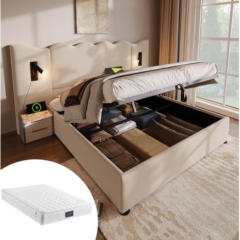 Lit coffre 160/200 cm beige en lin avec matelas, lampe de lecture et ports USB Type-C (1/5)