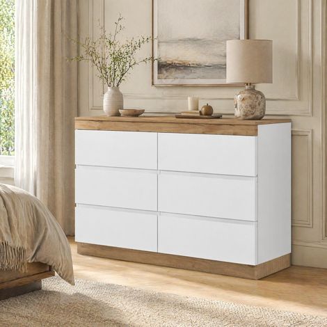 Cassettiera a 6 cassetti 110 x 40 x 67,5 cm con vano contenitore, bianco e rovere HAVRYA (1/5)