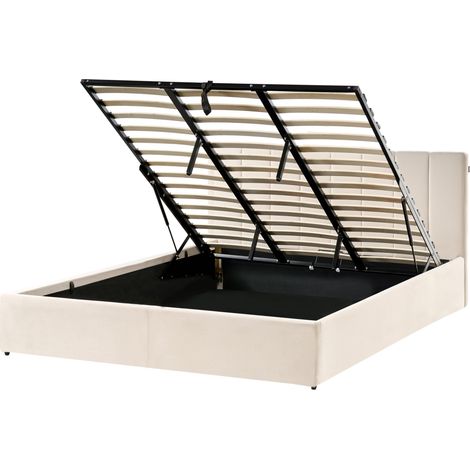 Cama con somier de terciopelo beige claro 180 x 200 cm cabecero abatible espacio de almacenaje Dreux