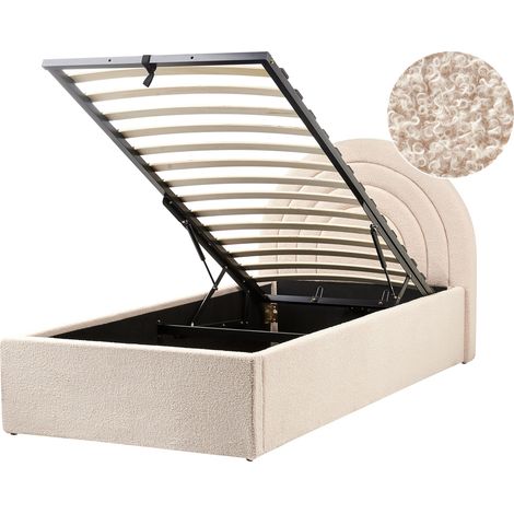 Cama con almacenaje de bouclé 90 x 200 cm cabecero semicircular estilo retro beige Anet